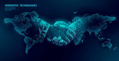 Global handshake business agreement. Low poly polygonal triangle professional work planet Earth partnership. Office succsesfull teamwork vector illustration