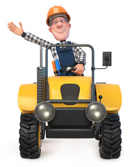 3d illustration work is going on the tractor/3D illustration of funny engineer character engaged in repair