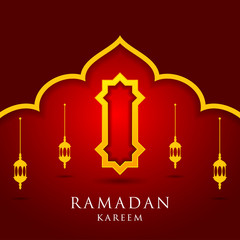 Ramadan kareem greeting card design. with arabic lanterns, golden ornate crescent and mosque dome. on red background, EPS 10 - vector, Jpeg High Resolution 300 DPI