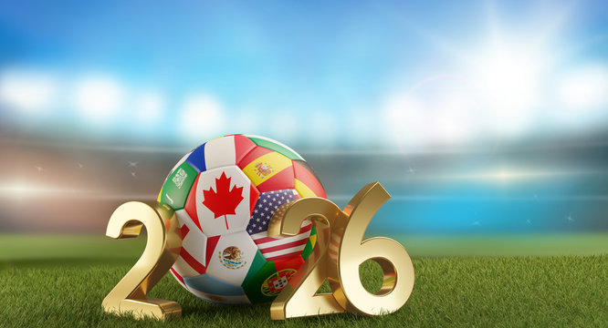 2026 golden bold letters with flags design soccer ball in a soccer stadium background 3d-illustration