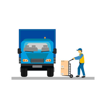 Delivery services concept. Delivery truck. Vector illustration. Forklift. Courier loads the boxes in the truck. Car for parcel delivery.