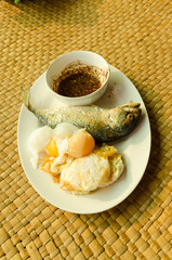 Fried mackerel and fried eggs and boiled eegs is high protein foods
