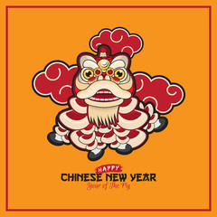 Lion dance with chinese new year greeting isolated in solid color background