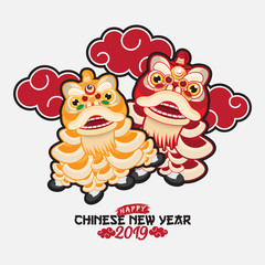 Lion dance with chinese new year greeting isolated in solid color background