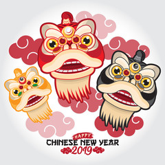 Lion dance with chinese new year greeting isolated in solid color background