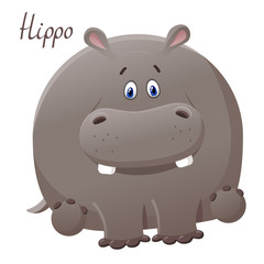 Funny hoppo (hippopotamus). Vector greeting card with cute fat cartoon character. The concept of fun design for clothing and interior. Simple comic animal personage.