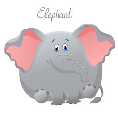Funny elephant. Vector greeting card with cute fat cartoon character. The concept of fun design for clothing and interior. Simple comic animal personage.