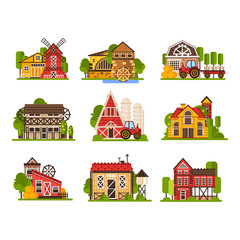 Farm buildings set, agriculture industry and countryside constructions vector Illustrations on a white background