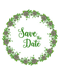 Vector illustration wedding date card with texture purple rose wreath frames