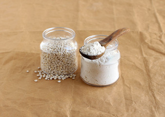 Barley flour, which is an ingredient in food items like bread and muffins, and pearl barley in a...