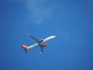 passenger plane flying over a tropical island. bottom-up view.