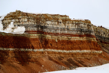  texture of different layers of clay underground in  clay quarry after geological study of soil.