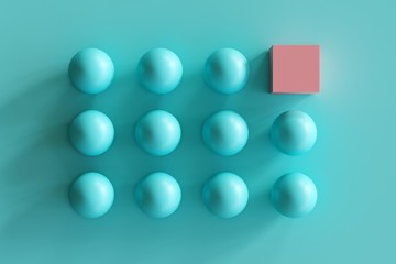 outstanding pink box among blue spheres on blue background. minimal contept idea