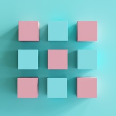 pink and blue boxes on blue background. minimal flat lay concept