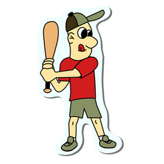 boy play baseball sticker. vector illustration