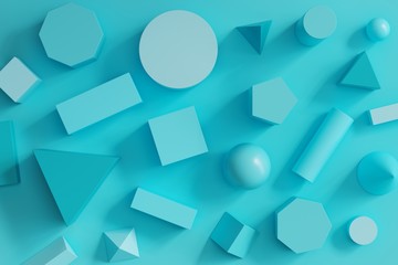 blue monotone geometric shapes set on blue background. minimal flat lay concept