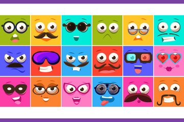 Funny colorful square faces se with different emotions vector Illustrations, smiles characters for site, video, animation, websites, infographics, messages, comics