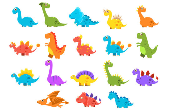 Dinosaurs set, variety species of brightly colored dino vector Illustrations on a white background