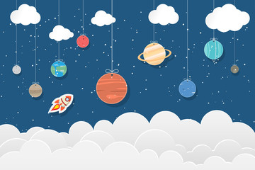 set of planets in Solar system hang on blue and star background : Mercury, Venus, Earth, Mars, Jupiter, Saturn, Uranus, Neptune, Pluto. Space illustrations