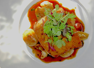 Healthy Gourmet Baked Wild Salmon with greens and wine sauce