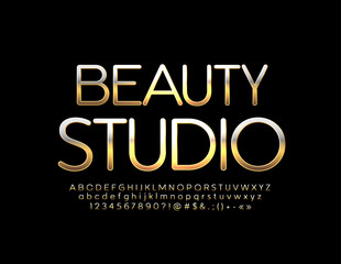 Vector Golden emblem Beauty Studio. Elegant thin Font. Chic Alphabet Letters, Numbers and Symbols