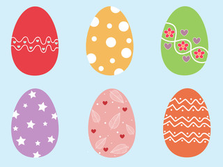 Cute and beautiful 6 pieces colorful easter eggs on pastel blue isolated background. Vector art graphic by hand drawn illustration for decoration on easter holiday in April use for all design.