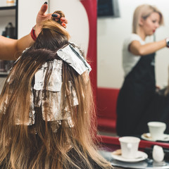 Fototapeta premium Closeup of professional hairdresser coloring hair of female client