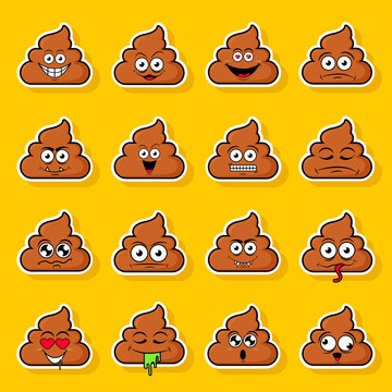 Big Set Of Cute Happy Smiley Sticker Poo Emotions,vector Illustration