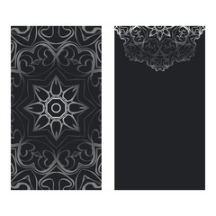 Visit Card Template With Floral Mandala Pattern. Vector Template. Islam, Arabic, Indian, Mexican Ottoman Motifs. Hand Drawn Background. Black silver color