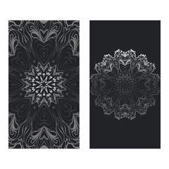 Visit Card Template With Floral Mandala Pattern. Vector Template. Islam, Arabic, Indian, Mexican Ottoman Motifs. Hand Drawn Background. Black silver color