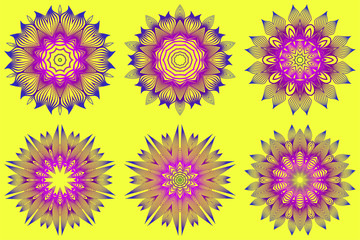 Set of Ornamental Circle Pattern. Sacred Oriental Mandala. Color Floral Ornament. Vector Illustration. For Coloring Book, Greeting Card, Invitation, Tattoo. Yellow purple color