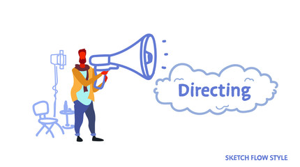 man film director holding loudspeaker video production and filmmaking concept movie making process projector chair megaphone equipment sketch flow style horizontal