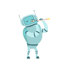 Cute Robot Musician Playing Flute Musical Instrument Vector Illustration