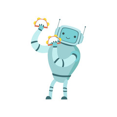 Cute Robot Musician Playing Tambourines Musical Instruments Vector Illustration