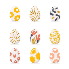 Set of Easter eggs in pastel colors and gold glitter with different patterns. Festive vector icons isolated from white background