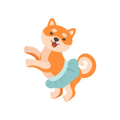Shiba Inu Dog in Blue Skirt, Cute Funny Japan Pet Animal Cartoon Character Vector Illustration