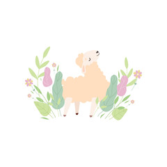 Cute Little Lamb on Green Meadow, Adorable Sheep Animal Vector Illustration