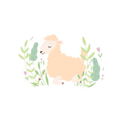 Cute Little Lamb Lying on Green Meadow, Adorable Sheep Animal Vector Illustration