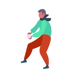 man playing snowball fights пгн throwing snow ball wearing winter clothes male cartoon character full length flat isolated