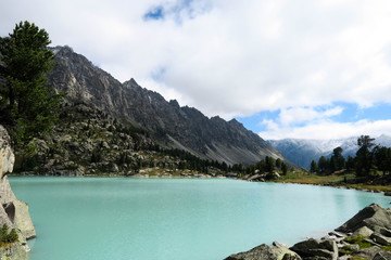 Turquoise Darashkol lake. Picturesque blue mountain lake. Altai mountains, Siberia, Russia
