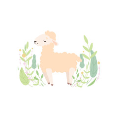 Cute Little Lamb Standing on Meadow, Adorable Sheep Animal Vector Illustration