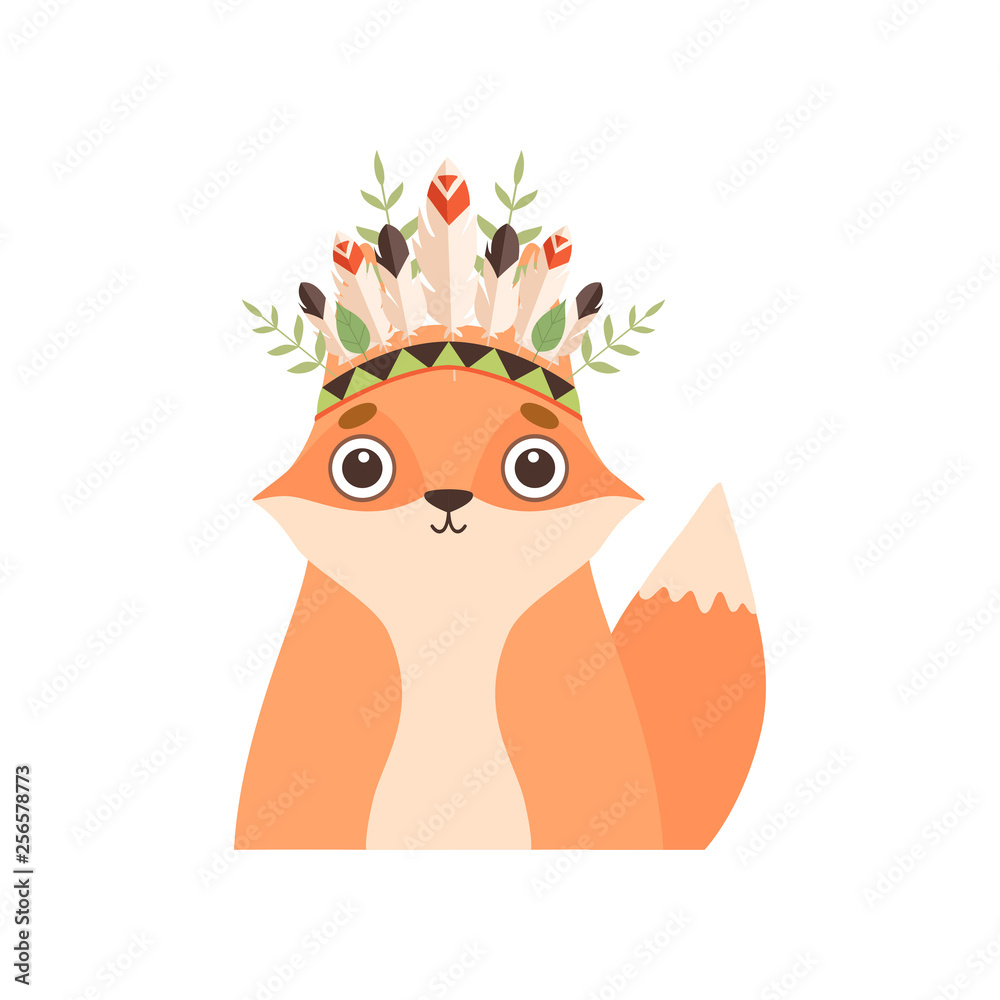 Sticker Cute Fox Animal Wearing Indian Traditional Tribal Headdress with Feathers and Plants Vector Illustration