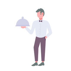 man waiter holding metal serving try with cover cloche restaurant staff concept male cartoon character full length flat isolated