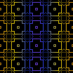 Art Deco Retro Pattern Of Geometric Elements. Seamless Pattern. Vector Illustration. Design For Printing, Presentation, Textile, Business, Advert, Flyer. Blue yellow gradient on black background