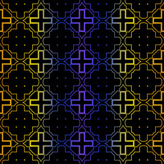 Art Deco Retro Pattern Of Geometric Elements. Seamless Pattern. Vector Illustration. Design For Printing, Presentation, Textile, Business, Advert, Flyer. Blue yellow gradient on black background