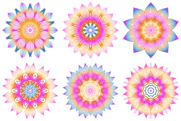 Fototapeta na wymiar Set of Design With Floral Mandala Ornament. Vector Illustration. For Coloring Book, Greeting Card, Invitation, Tattoo. Anti-Stress Therapy Pattern. Rainbow color