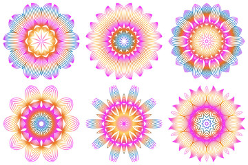 Set of Design With Floral Mandala Ornament. Vector Illustration. For Coloring Book, Greeting Card, Invitation, Tattoo. Anti-Stress Therapy Pattern. Rainbow color