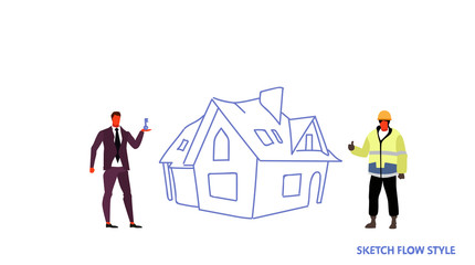 businessman giving keys to repairman house renovation concept male cartoon characters full length sketch flow style horizontal
