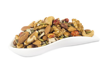 nuts dried fruits and healthy foods hazelnut nuts, almonds, walnut, peanut, cashew on white background