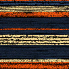 Seamless striped pattern. Orange, blue and beige horizontal stripes on a black background. Cute wallpaper in doodle style. Ink points, blots. Print for textiles. Vector illustration.